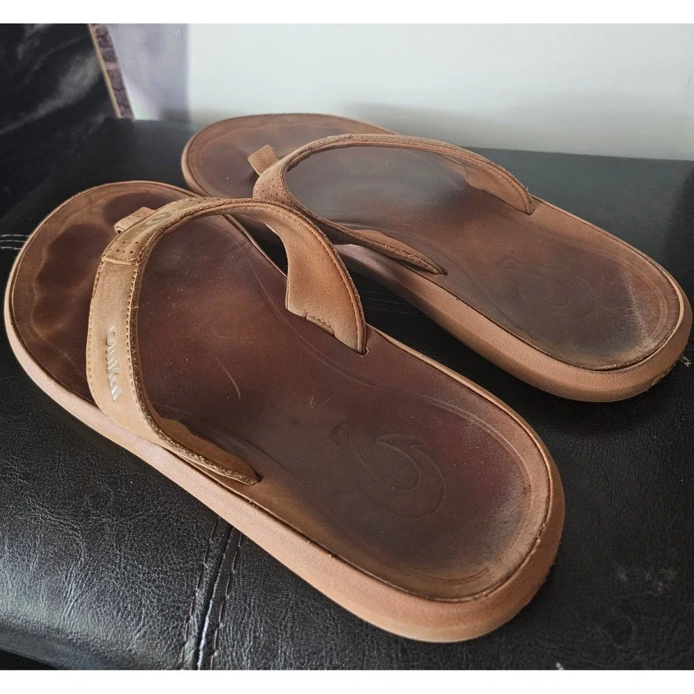 OluKai Pili Mens Brown Leather Flip Flop Sandals 10553 US 9 EUR 42